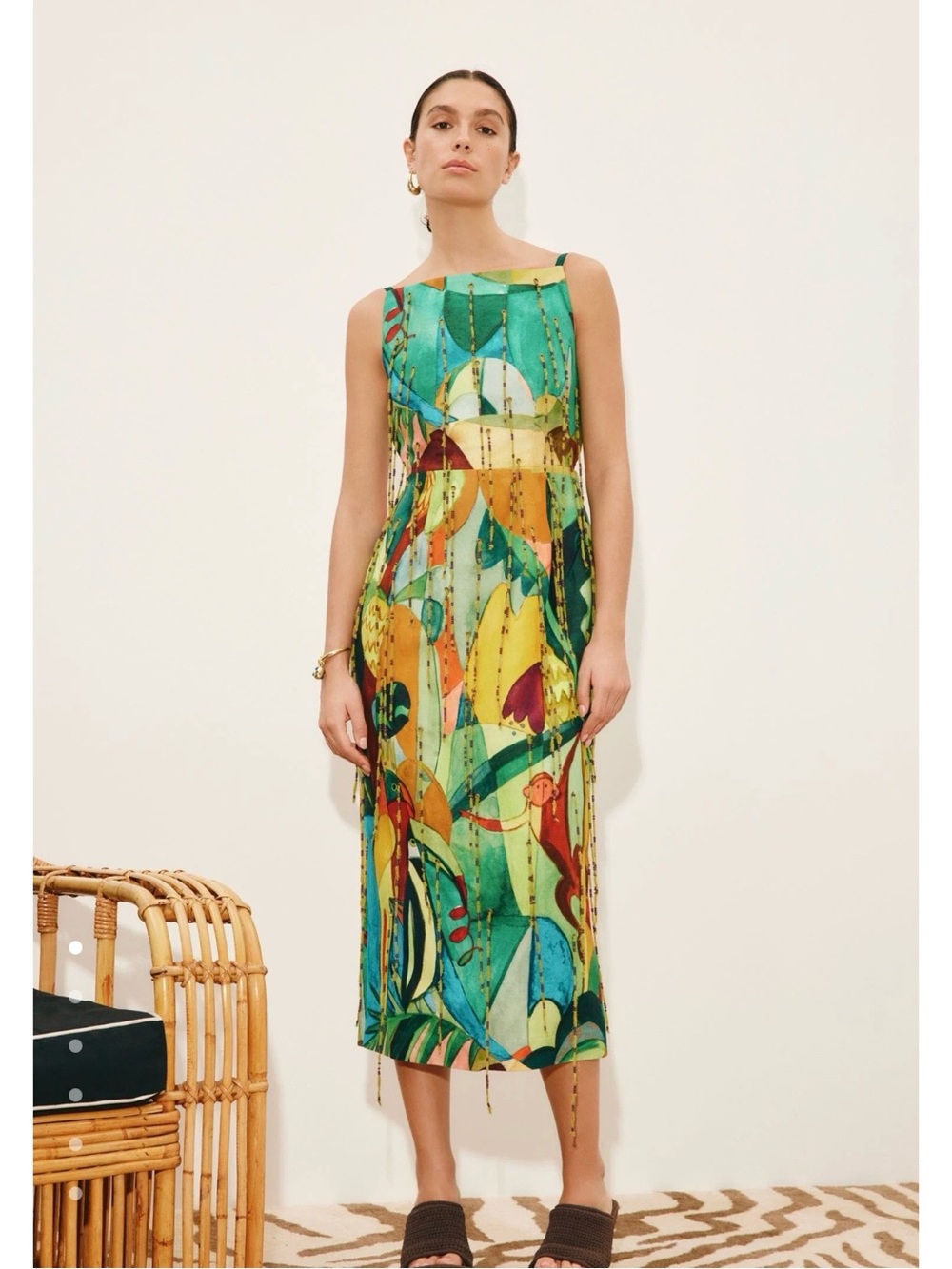 Alemais Mokshini Beaded fringed Green Multi-Color Abstract Print Midi Dress - Picture 9 of 13